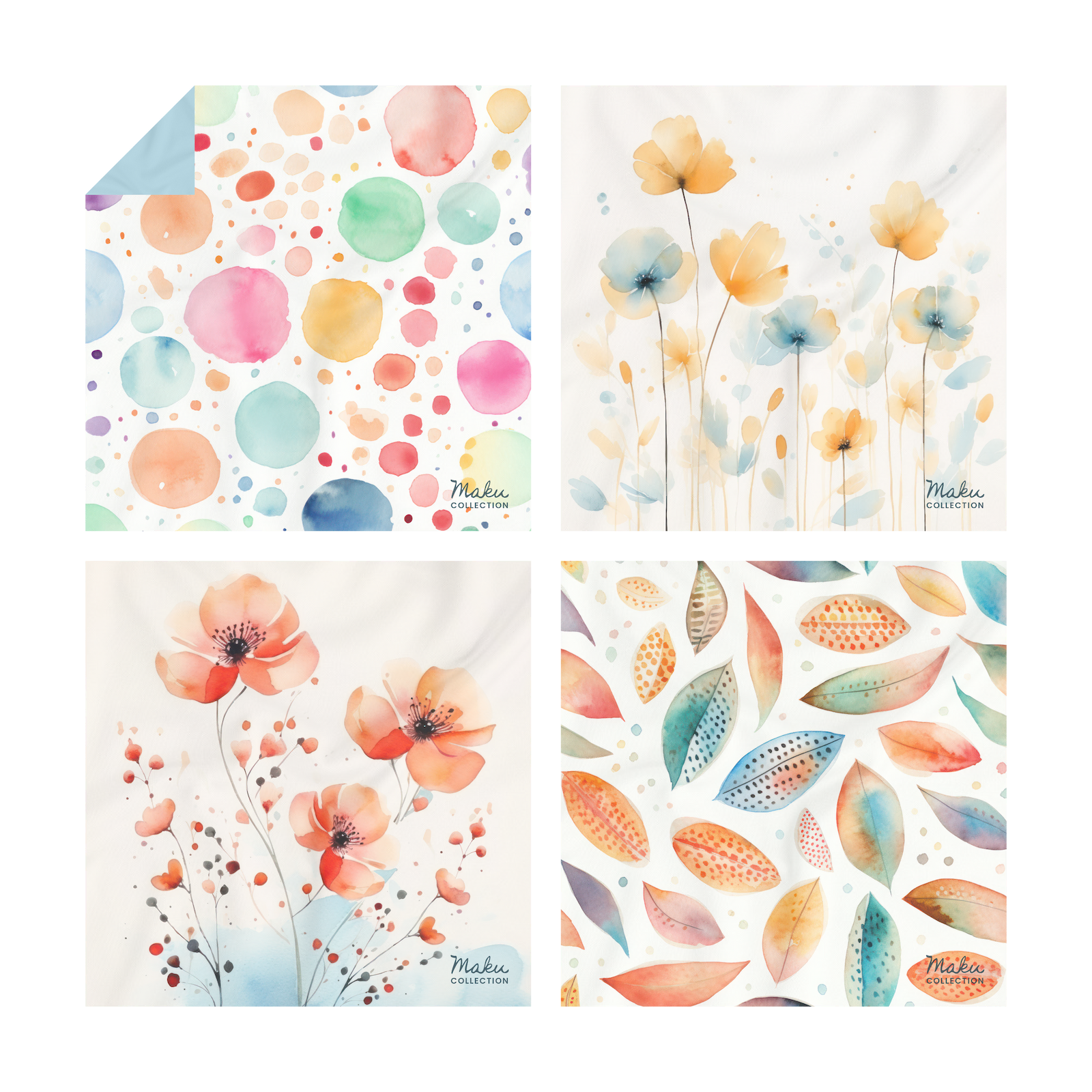 Colección completa de gamuzas premium Maku Pelusi diseño aquarel