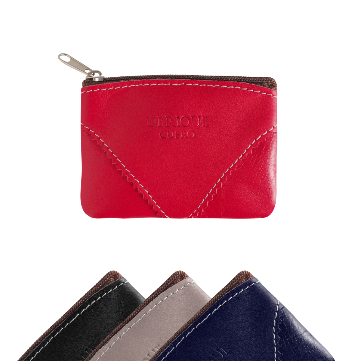 Estuche lentillero de pie con cremallera en color rojo, negro, gris y azul